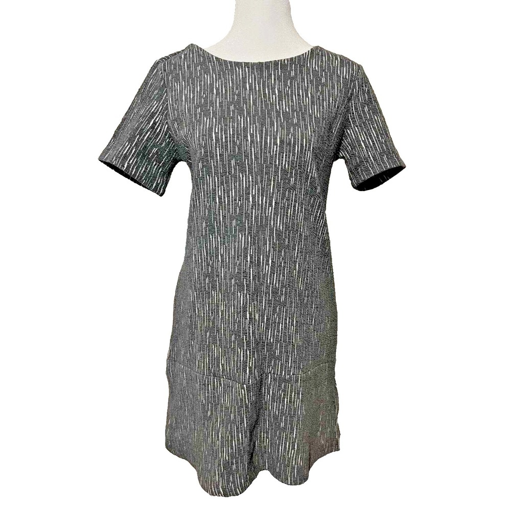 Bishop+Young Gray White Dress Back Zip Short Sleeve S Modern Minimalist Subtle